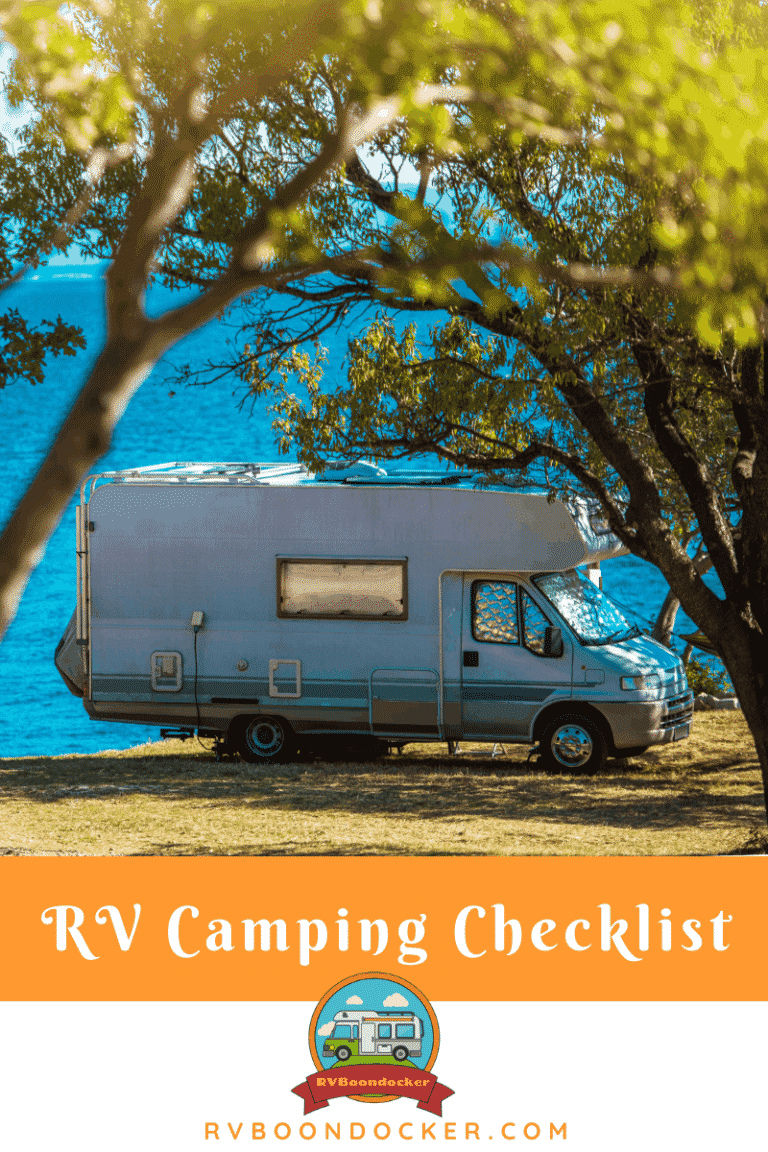 RV Camping Checklist featuring a class c camper camping on the water surrounded by trees by rv boondocker