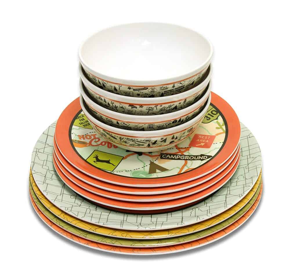 set of 12 dishes perfect for camping, includes bowls and large and small plates great for RV life.