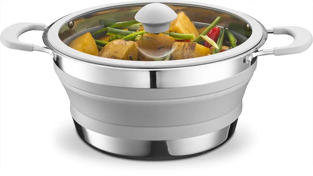 Collapsible stainless steel pot made for an RV kitchen for gas or electric stove. Made Bpa free and non toxic materials.