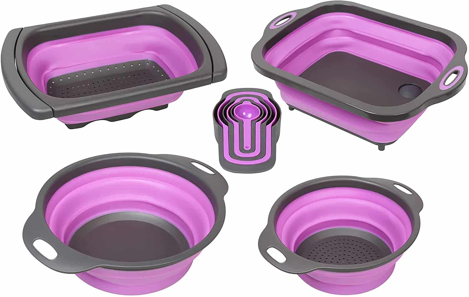 purple collapsible set strainer, bowl, and sink