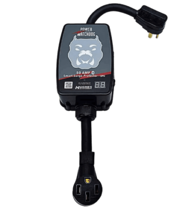 Image showcasing the Hughes Autoformer Power Watch Dog Surge Protector with EPO, a modern contender for the best RV surge protector, highlighting its sleek design and smartphone connectivity