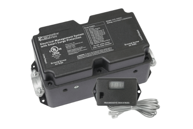 Image showcasing the hard-wired EMS by Progressive Industries, reflecting the attributes of the best RV surge protector, designed for in-vehicle installation.