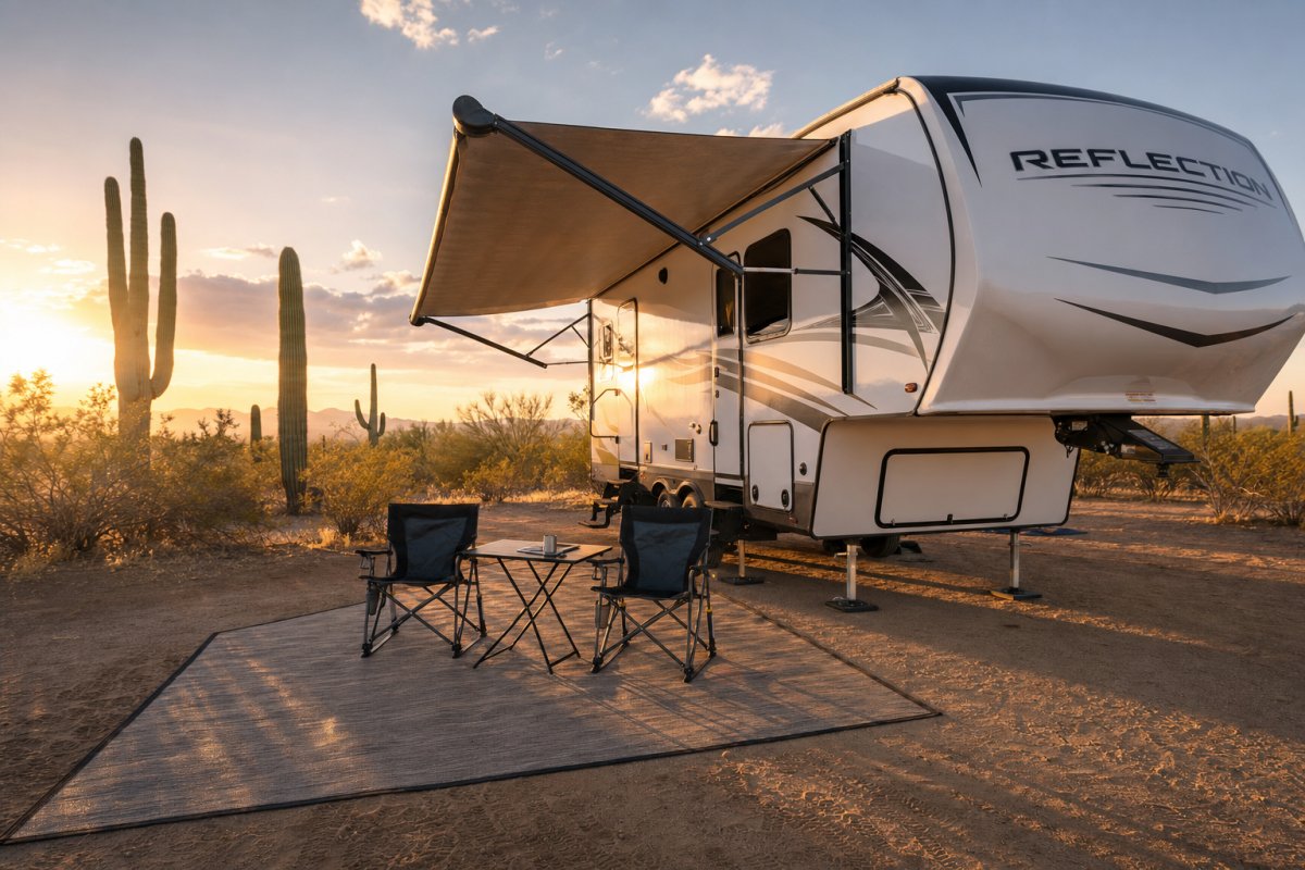 Fifth wheel RV with extended awning and camping mat in desert landscape at sunset.