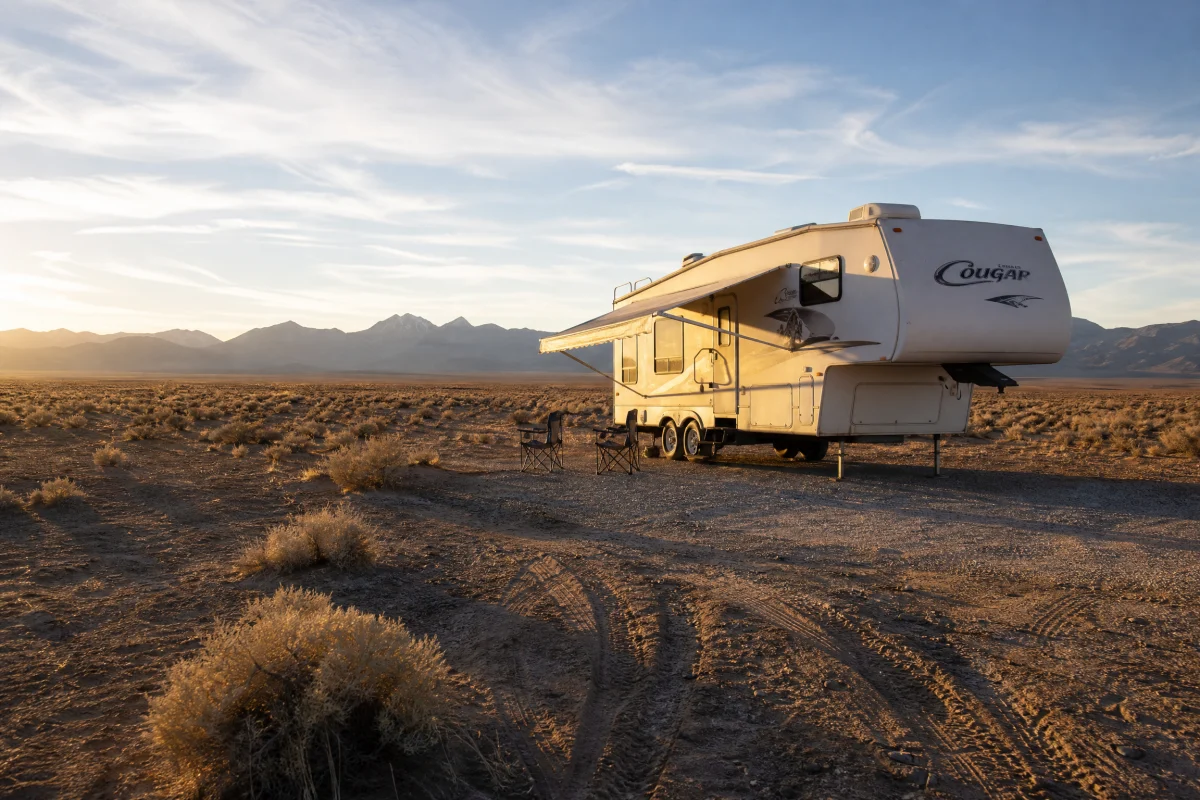 Cougar fifth wheel RV parked on remote desert terrain with sagebrush and mountains in background at sunset.