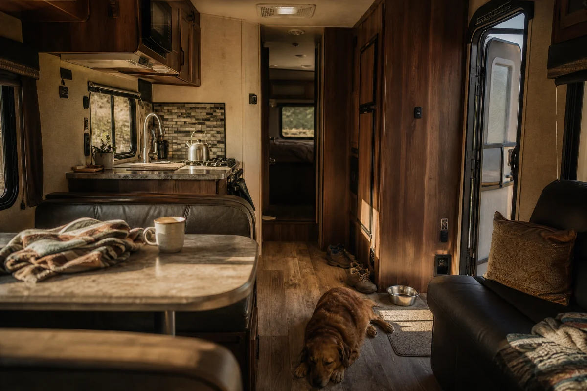 Dog resting in compact RV interior with kitchen and living space, illustrating confined environment for natural RV pest co...