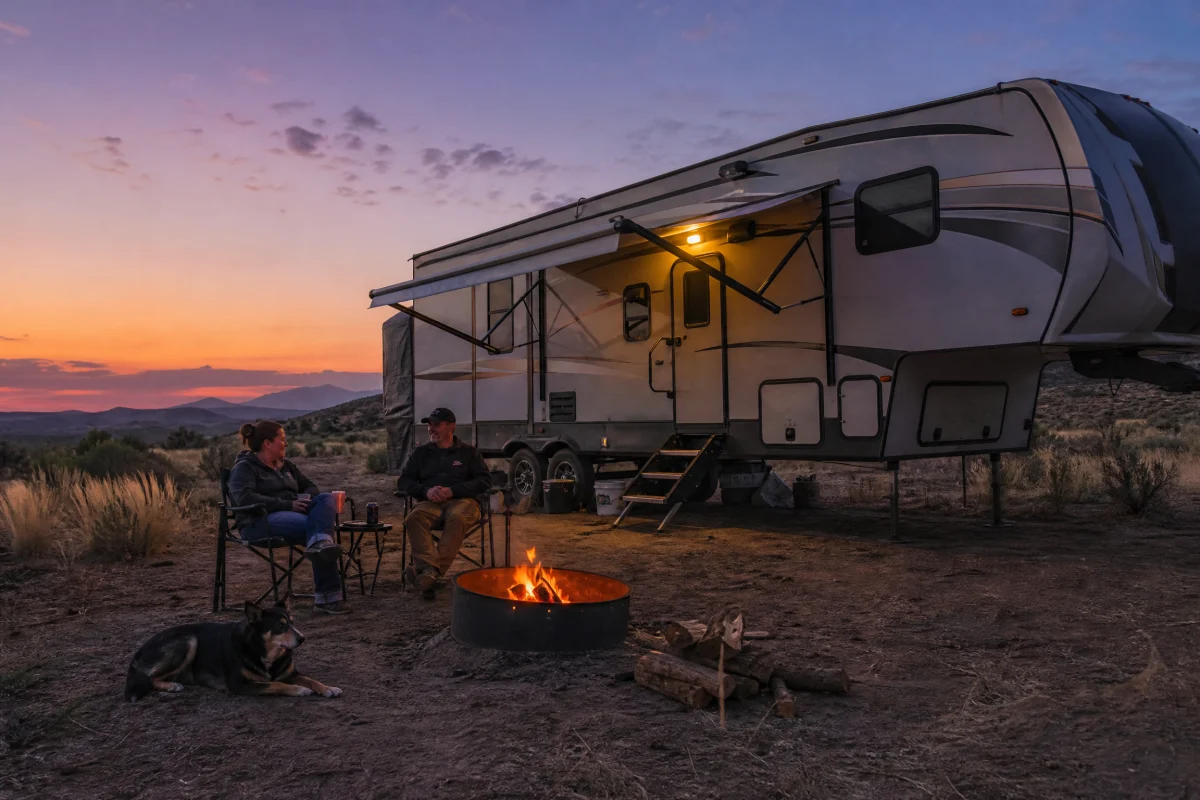 Fifth wheel RV at dusk with couple by fire pit and dog, yellow bug lights glowing for pest control.