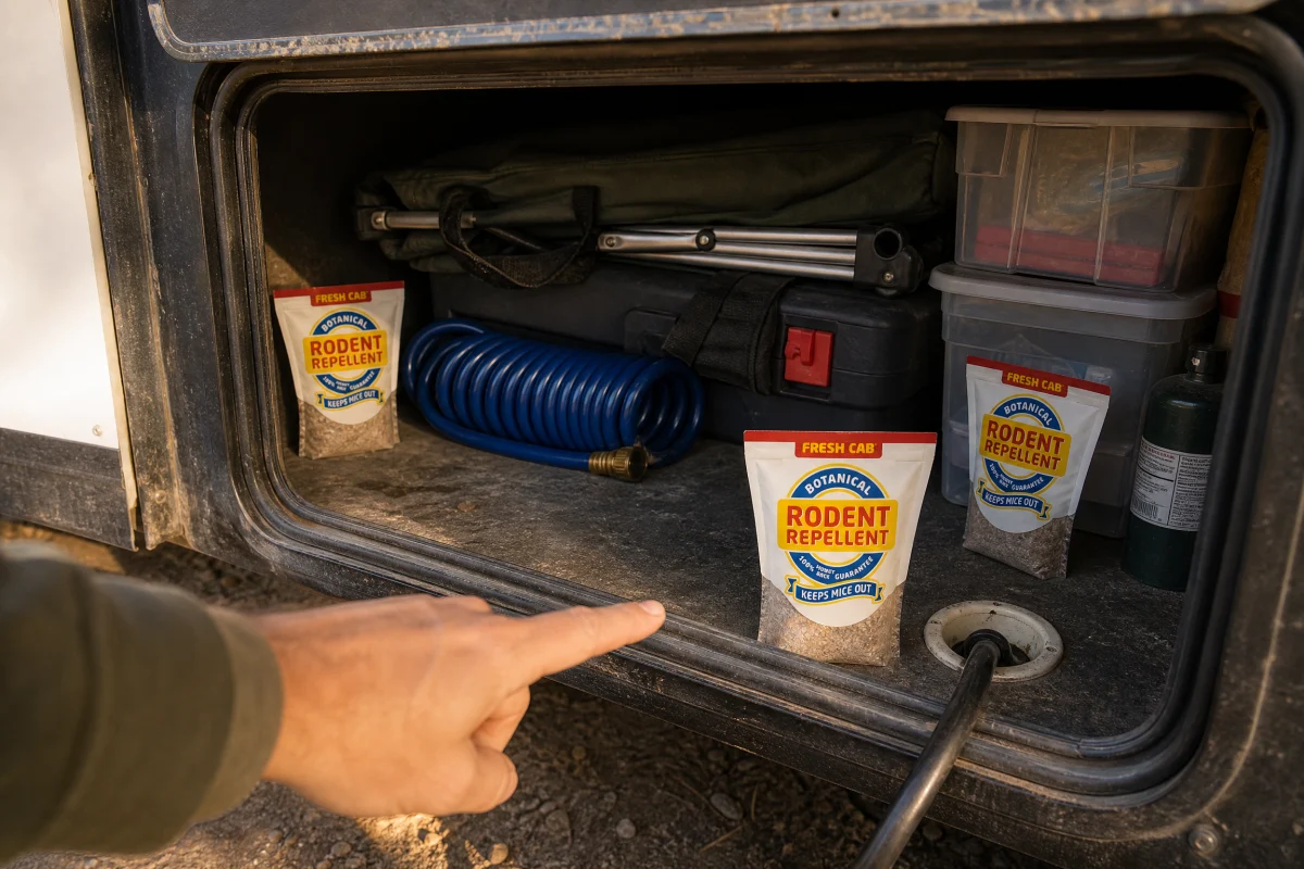 Botanical Rodent Repellent pouches stored in RV exterior compartment for natural pest control.
