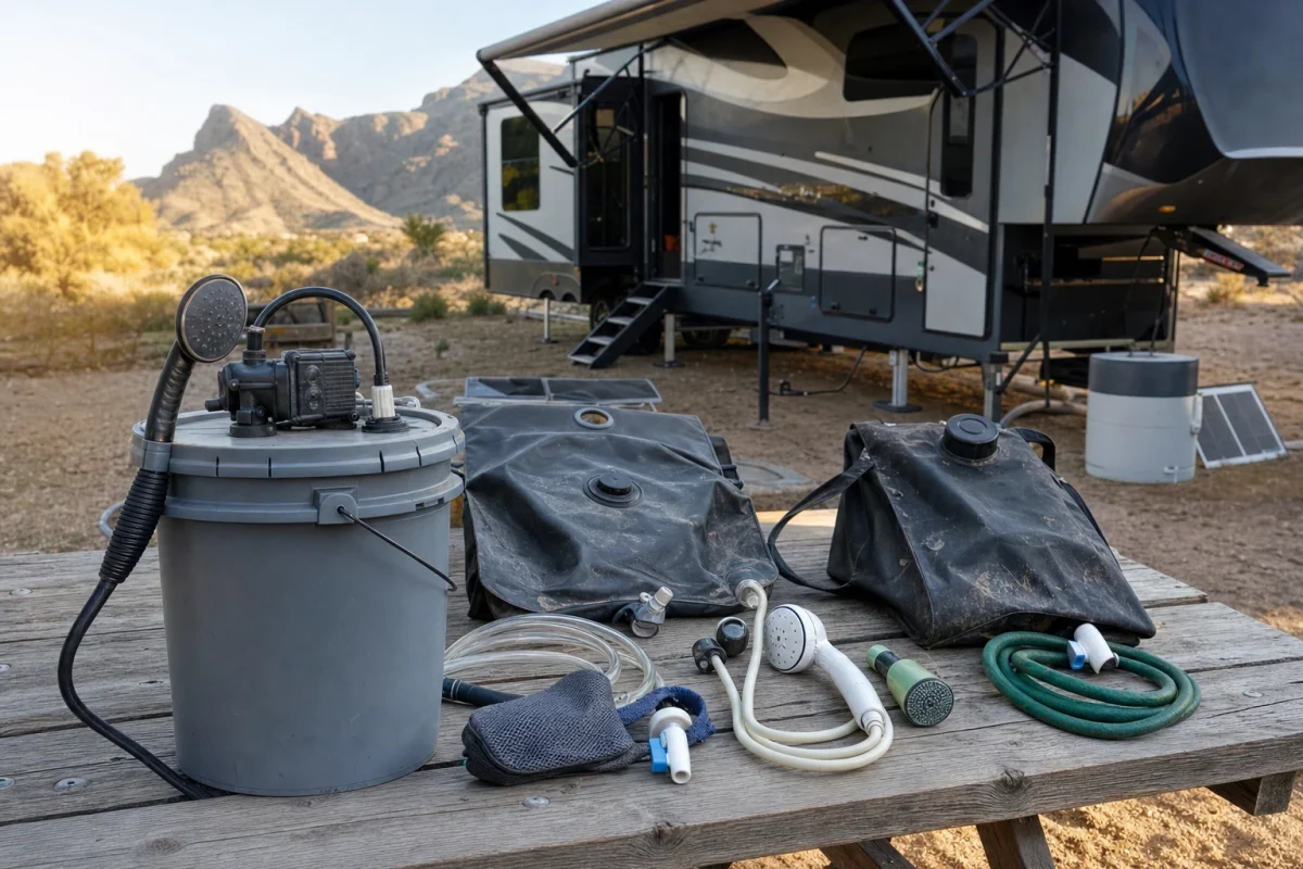 RV shower alternatives tested and displayed on wooden table at desert campsite with RV in background.