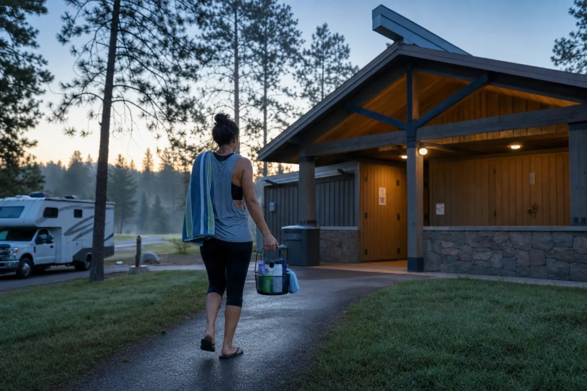 Woman carrying shower caddy walking toward bathhouse at dawn, demonstrating RV shower alternatives at campground.
