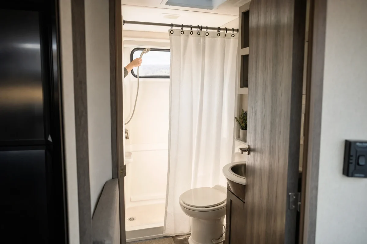 RV wet bath with tension rod shower curtain hung across doorway instead of traditional door for space-saving solution.